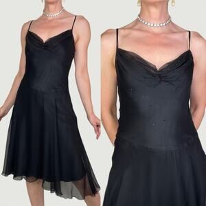 Bebe silk rhinestone beaded slip dress chiffon cocktail midi black ruched bust S